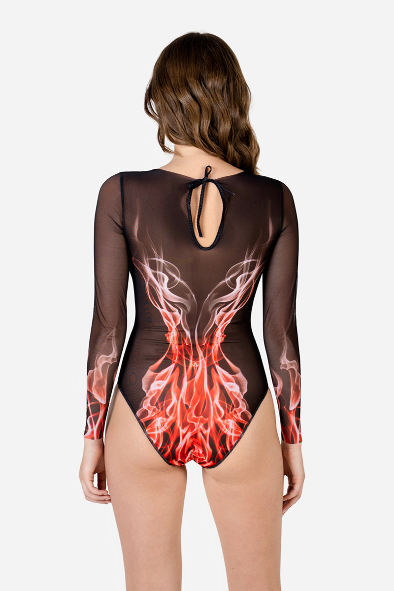 Closed Back One-piece Swimsuit with Sleeves “Red Flame”