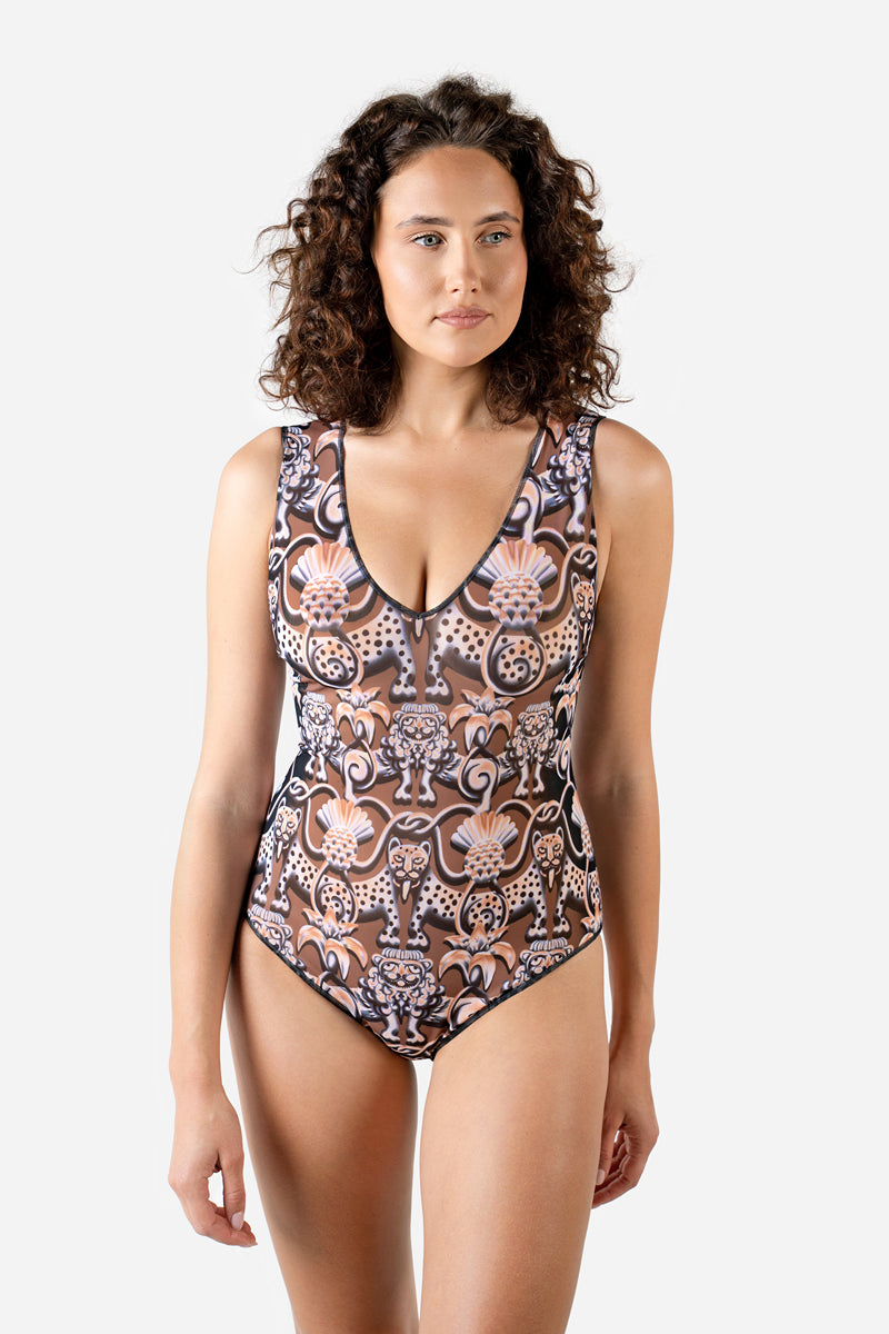 Sleeveless Swimsuit with V-Neck “Medieval Brown”