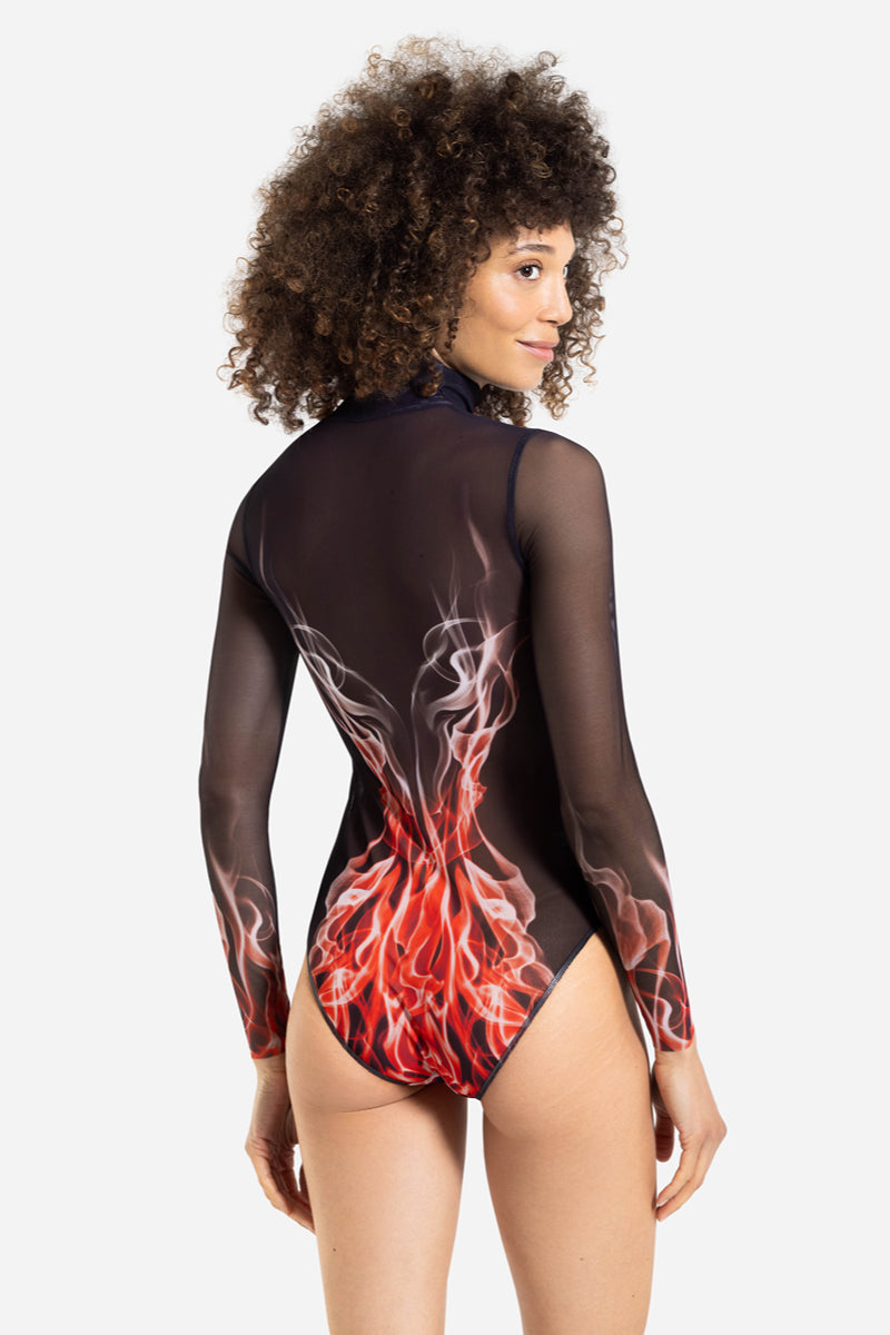 Closed Back One-piece Swimsuit with Sleeves “Red Flame”