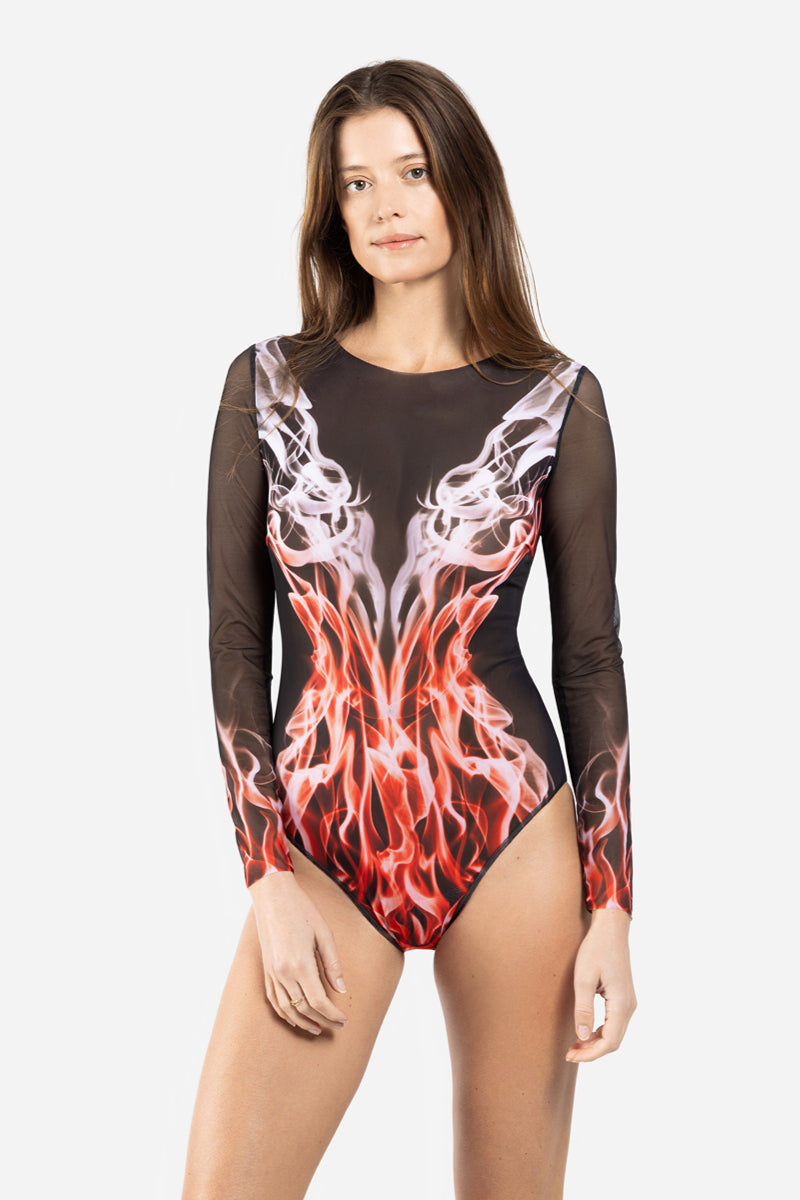 Closed Back One-piece Swimsuit with Sleeves “Red Flame”