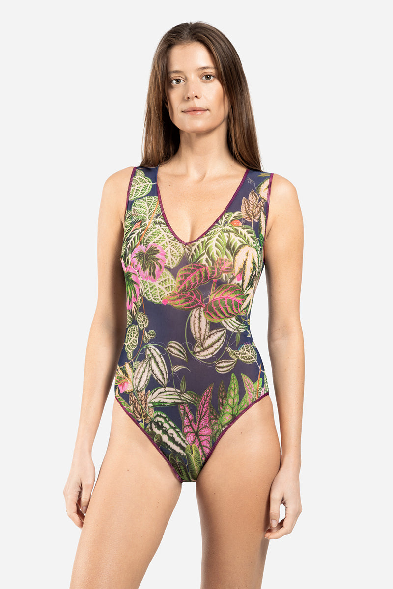 Sleeveless Swimsuit with V-Neck “Botanicum”