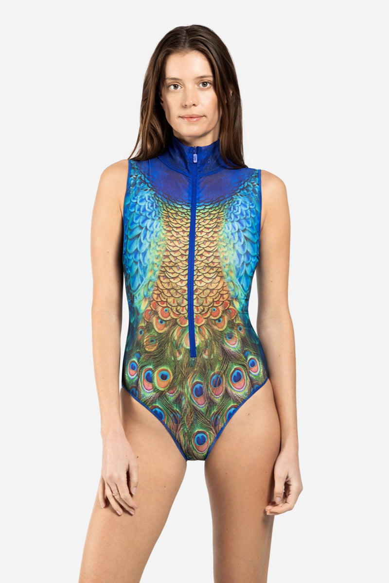 Zipper Sleeveless Swimsuit “Peacock Mayura”