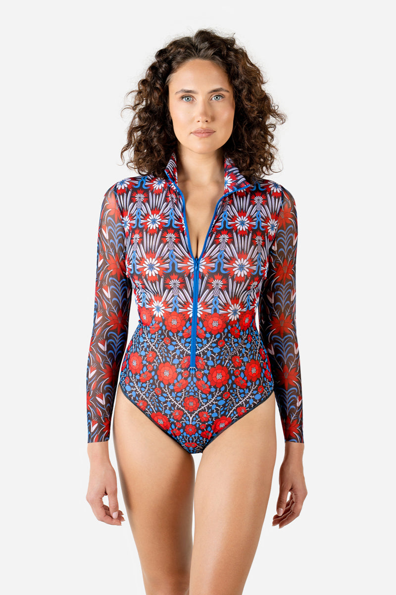 Zipper Swimsuit with Sleeves “Medieval Rose”