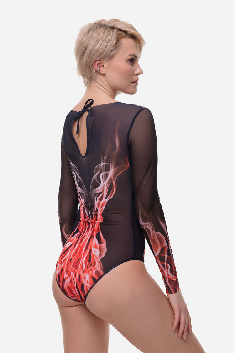 Closed Back One-piece Swimsuit with Sleeves “Red Flame”