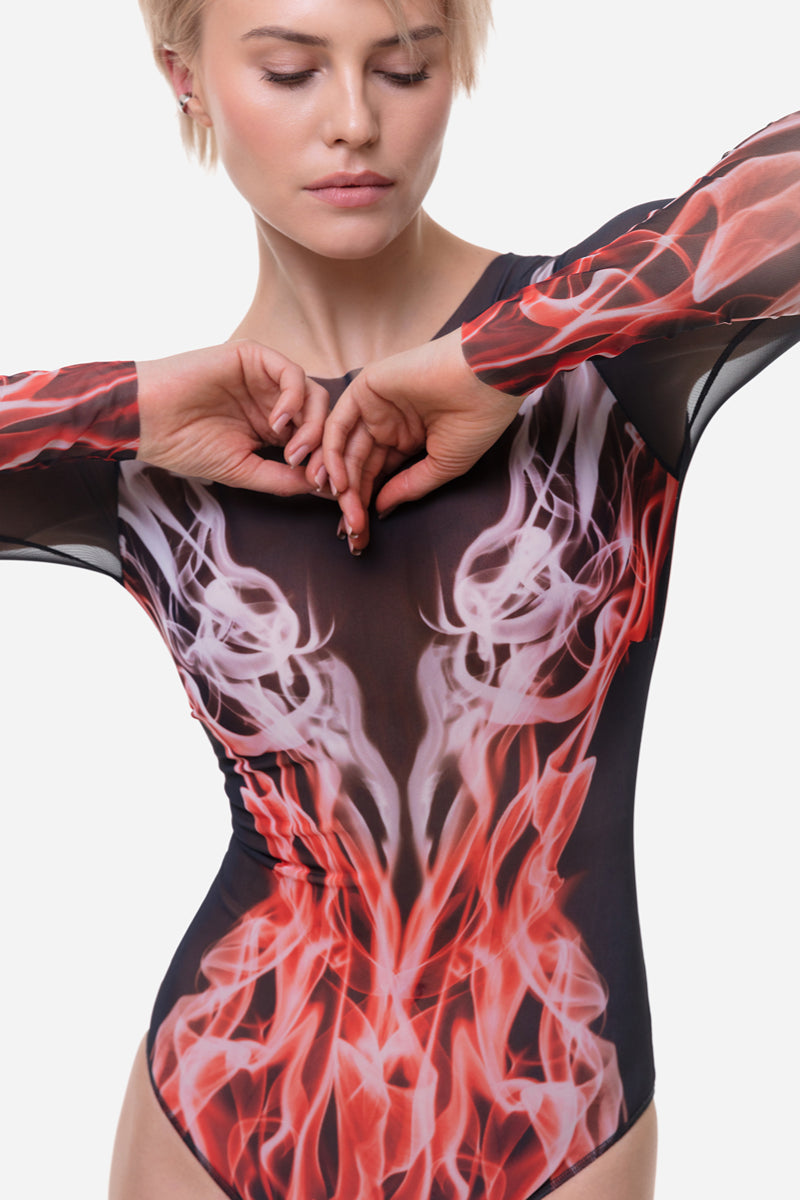 Closed Back One-piece Swimsuit with Sleeves “Red Flame”