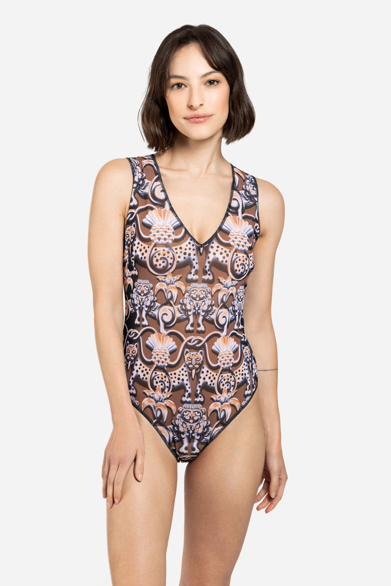 Sleeveless Swimsuit with V-Neck “Medieval Brown”
