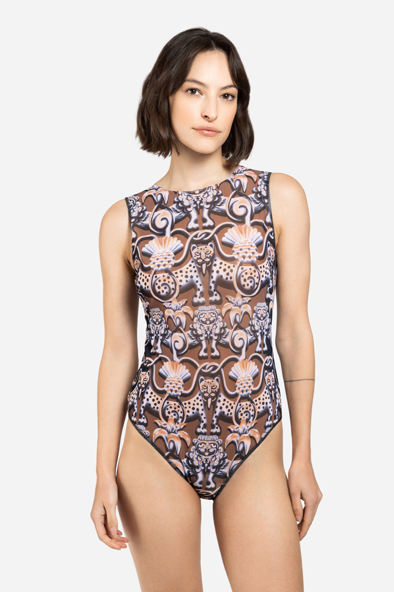 Closed Back One-piece Swimsuit with Sleeves “Medieval Brown”