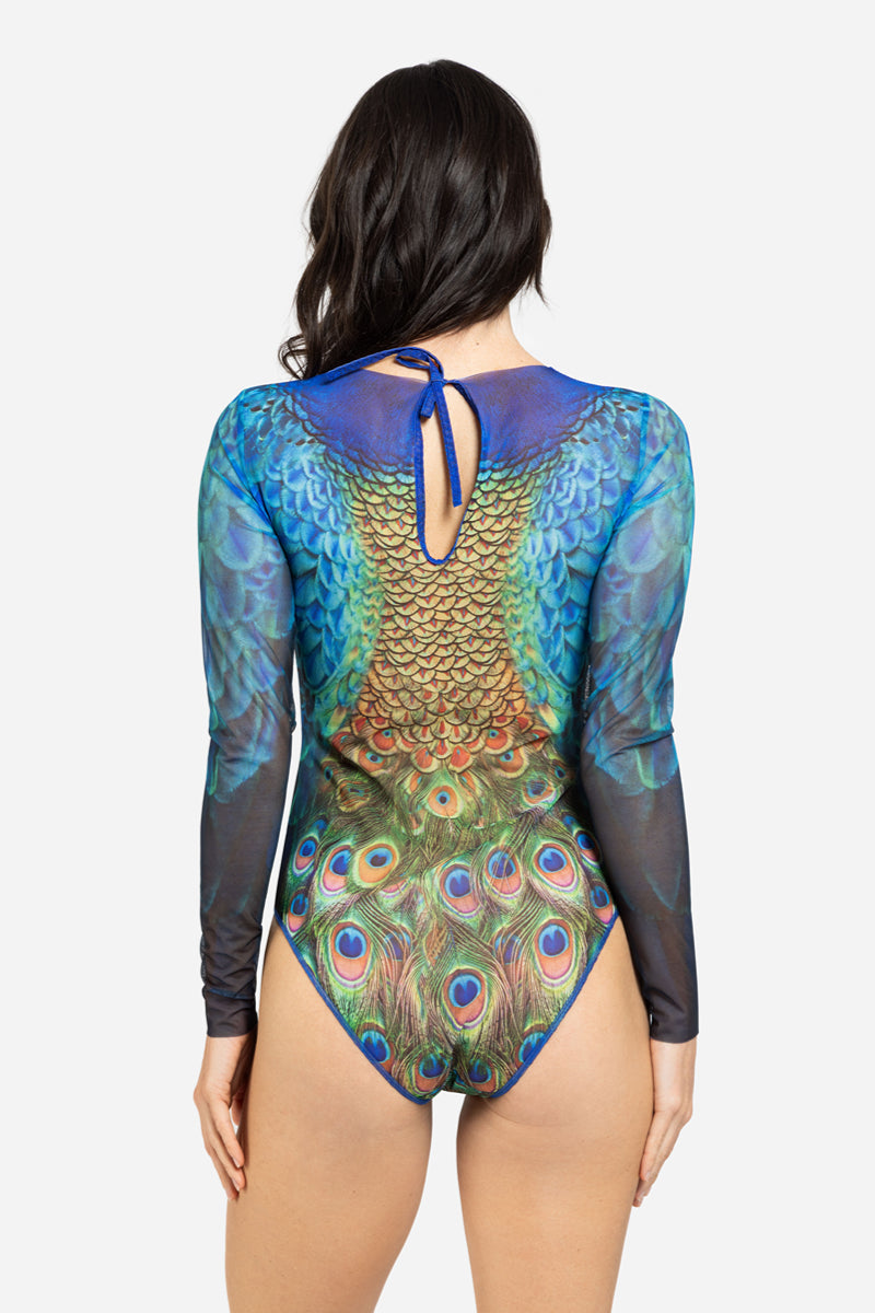 Closed Back One-piece Swimsuit with Sleeves “Peacock Mayura”
