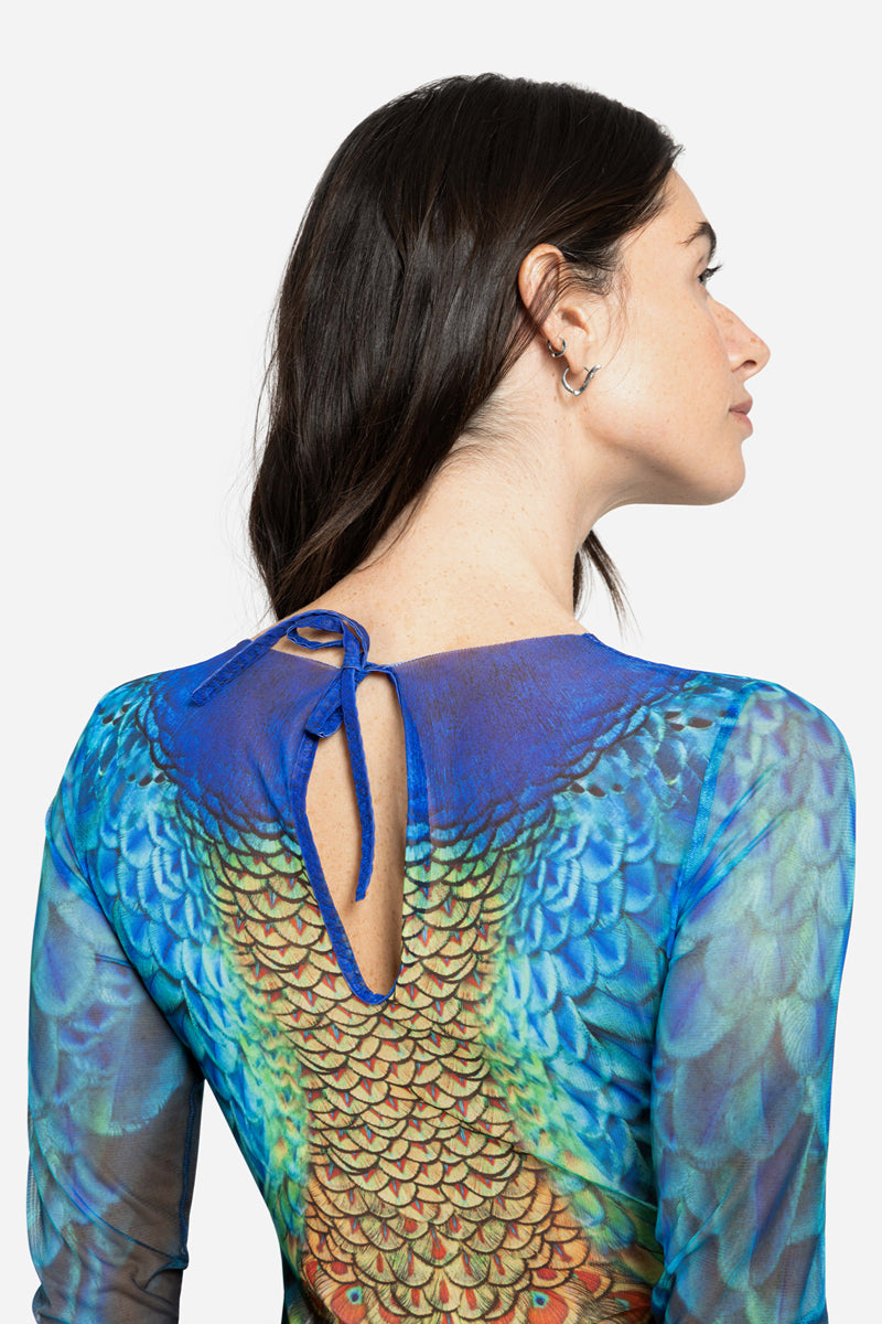 Closed Back One-piece Swimsuit with Sleeves “Peacock Mayura”